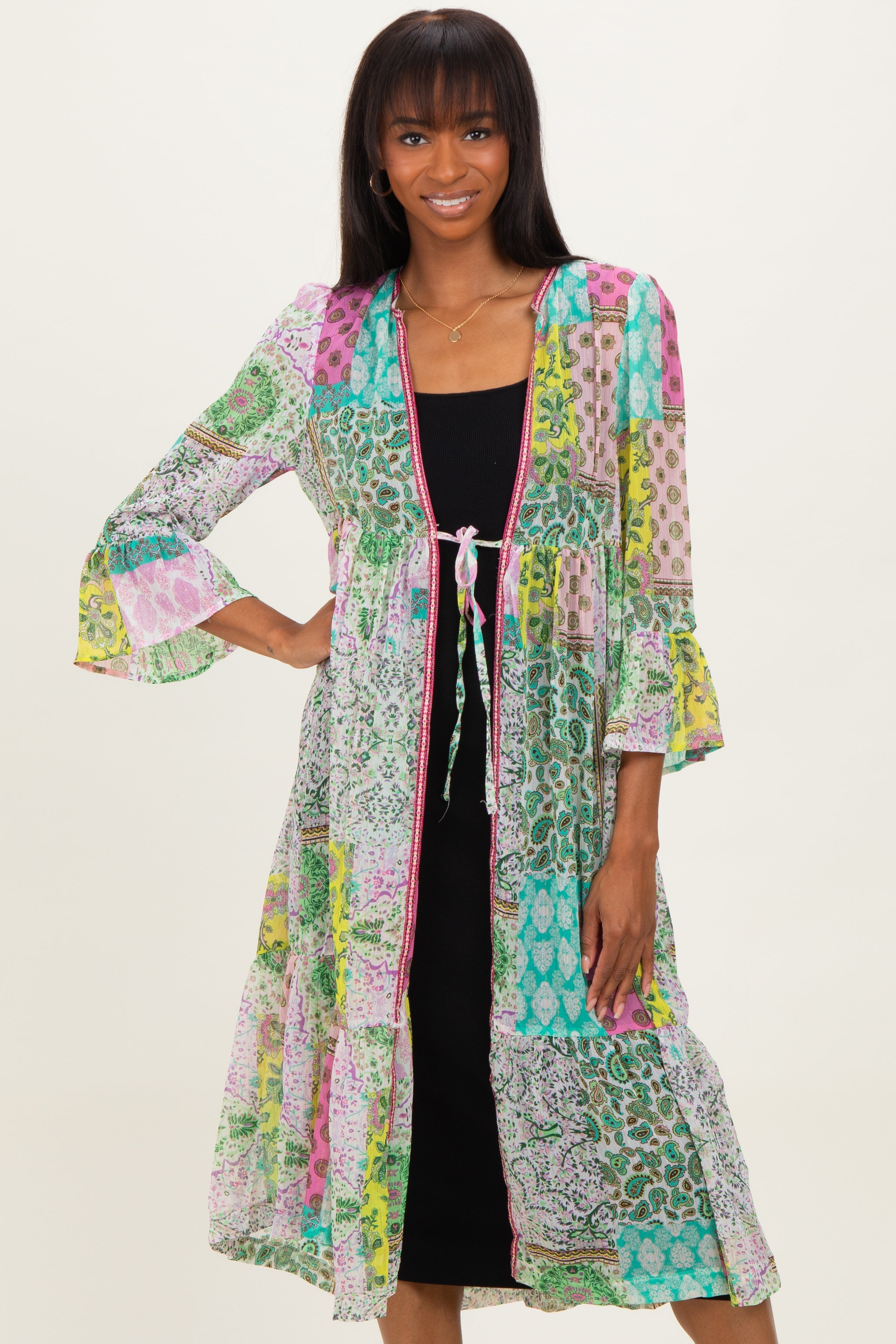 Green Floral Paisley Metallic Striped Tie Front Cover Up