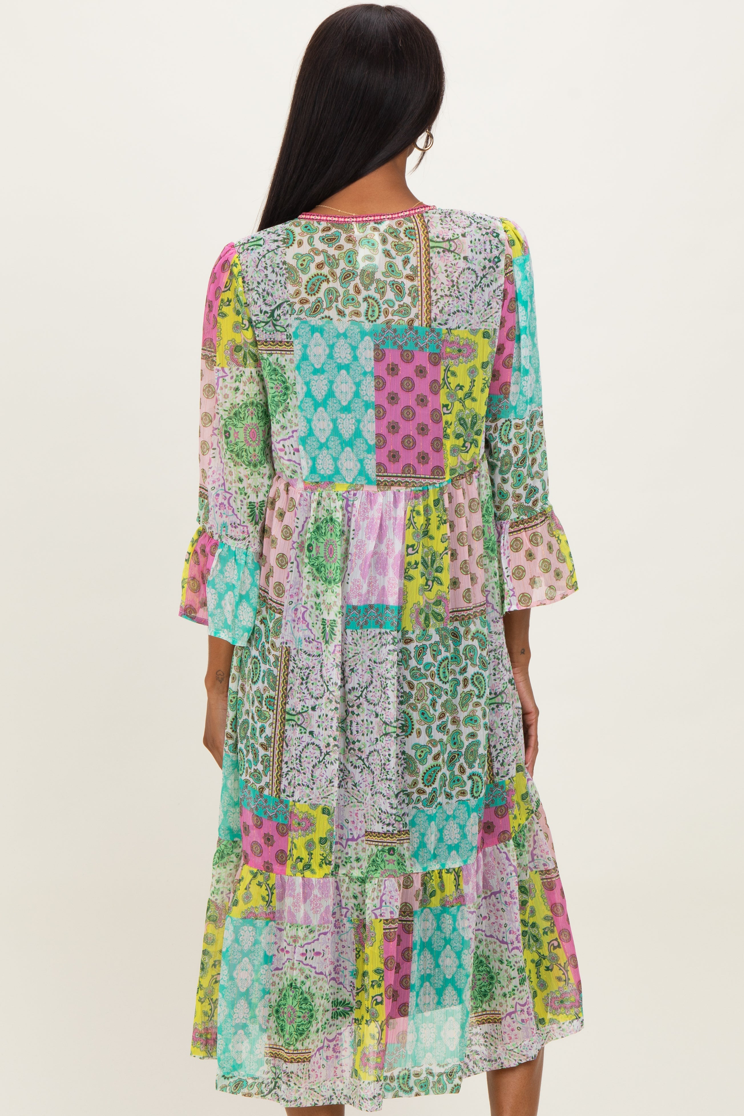 Green Floral Paisley Metallic Striped Tie Front Cover Up